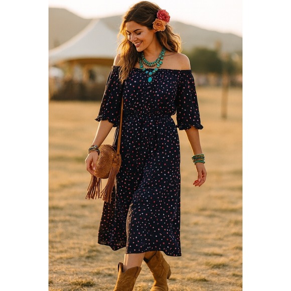 Studio B By Bobeau Navy Off Shoulder Midi Dress Flutter Sleeve Boho Dots L - Picture 1 of 12